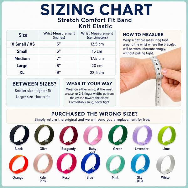 Sizing chart for AcuBracelet waterproof slip-on bands, sizes XS to XL with wrist measurements and colors