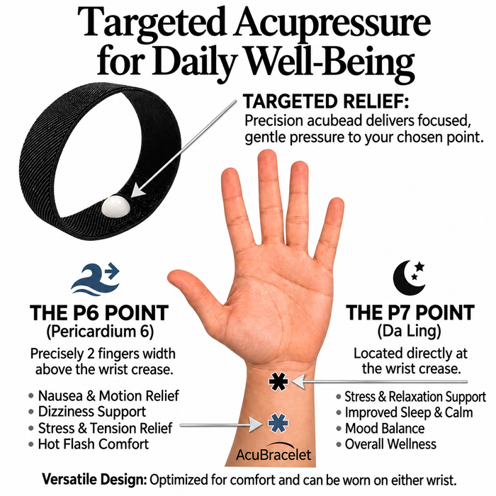 How to wear a Targeted waterproof slip-on AcuBracelet: chart of the P6 and P7 spots on the inner wrist