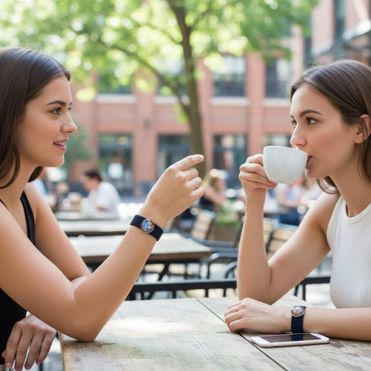 Two women sitting at an outdoor cafe wearing snap button charm anxiety bracelets, one holding a cup and the other gesturing with her hand.