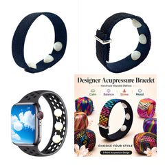 3-bead acupressure bands in adjustable latex-free and waterproof slip-on styles for stress, focus, motion sickness, sleeplessness, and calming support.