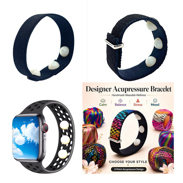 3-bead acupressure bands in adjustable latex-free and waterproof slip-on styles for stress, focus, motion sickness, sleeplessness, and calming support.
