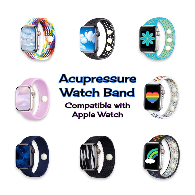 Smartwatch with acupressure bead icon for Apple Watch compatible anxiety and nausea support.