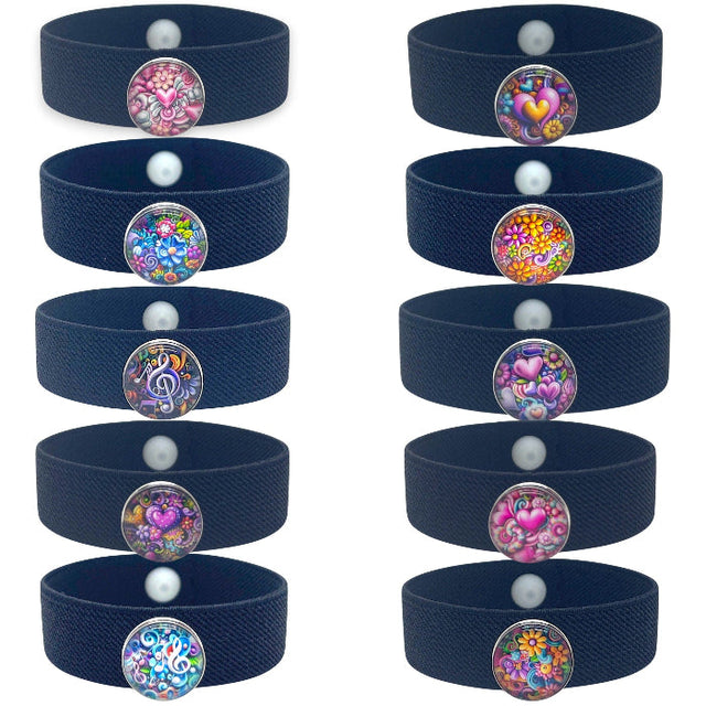 Button icon highlighting wearable charm bracelets designed for anxiety and focus.