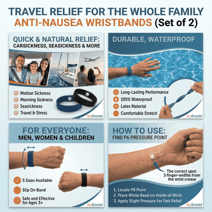 AcuBracelet waterproof acupressure wristband for motion sickness relief, designed for natural nausea support during travel.