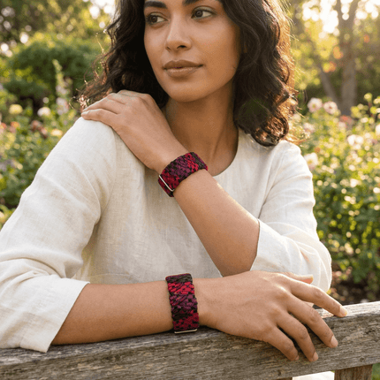 AcuBracelet designer adjustable motion sickness relief bracelets, featuring colorful bands to help reduce nausea and improve comfort.