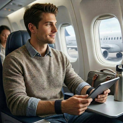 A pair of AcuBracelet motion sickness bands for nausea relief, water-resistant and designed for travel support.