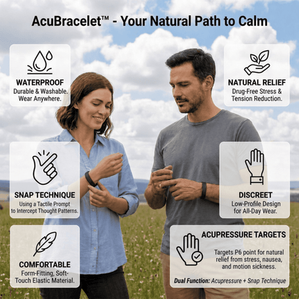 Set of three AcuBracelet snap bracelets designed for anxiety relief and stress support, featuring colorful, adjustable wrist accessories.