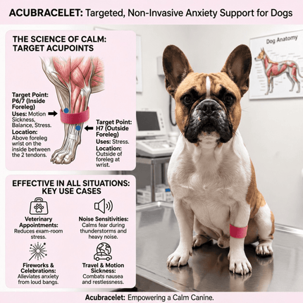 AcuBracelet dog anxiety band for calming and travel support, slip-on pet wellness accessory for reducing stress in dogs.
