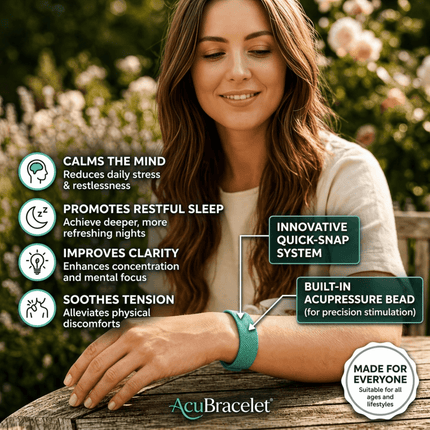 AcuBracelet knit elastic acupressure bracelet with snap closure, designed for anxiety, focus, and nausea relief.