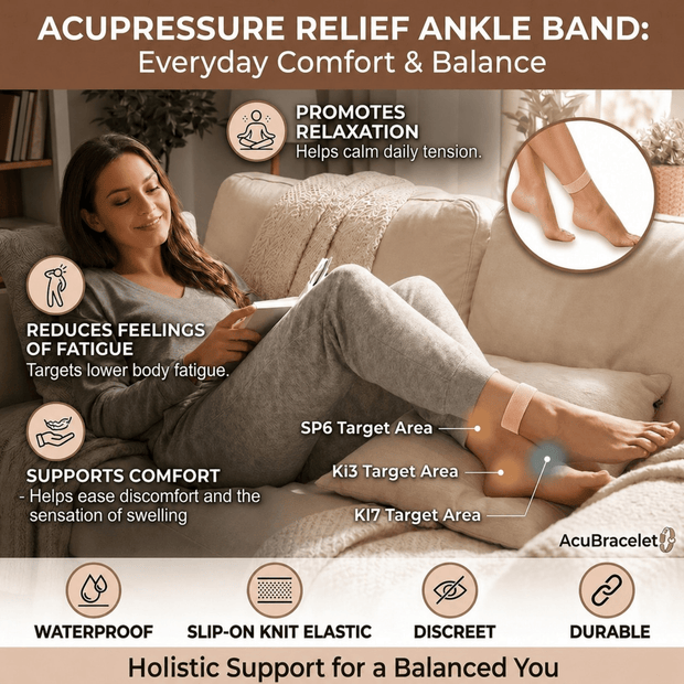 AcuBracelet anti-swelling acupressure anklet supporting anxiety relief, nausea, and circulation with adjustable fit and natural materials.
