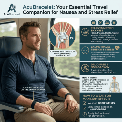 A pair of AcuBracelet motion sickness bands in water-resistant material, designed to reduce nausea during travel.