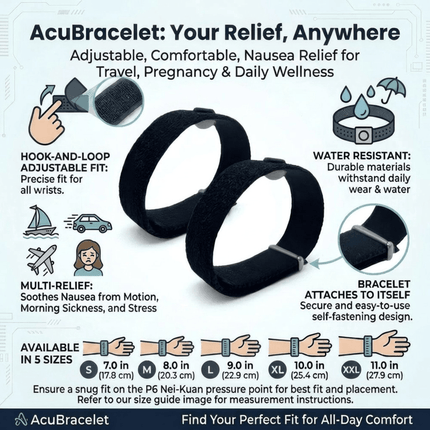 A pair of AcuBracelet motion sickness bands for nausea relief, water-resistant travel support, displayed on a white background.