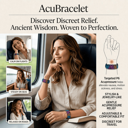 AcuBracelet nausea and morning sickness acupressure bracelet resembling jewelry, with colorful beads and adjustable band.