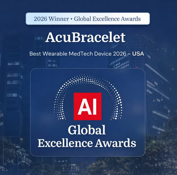 AcuBracelet award for Best Wearable MedTech Device 2026 USA on a blue background with cityscape.