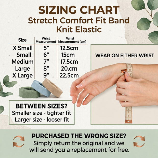Sizing chart for stretch comfort fit band with wrist measurements and elastic bands.