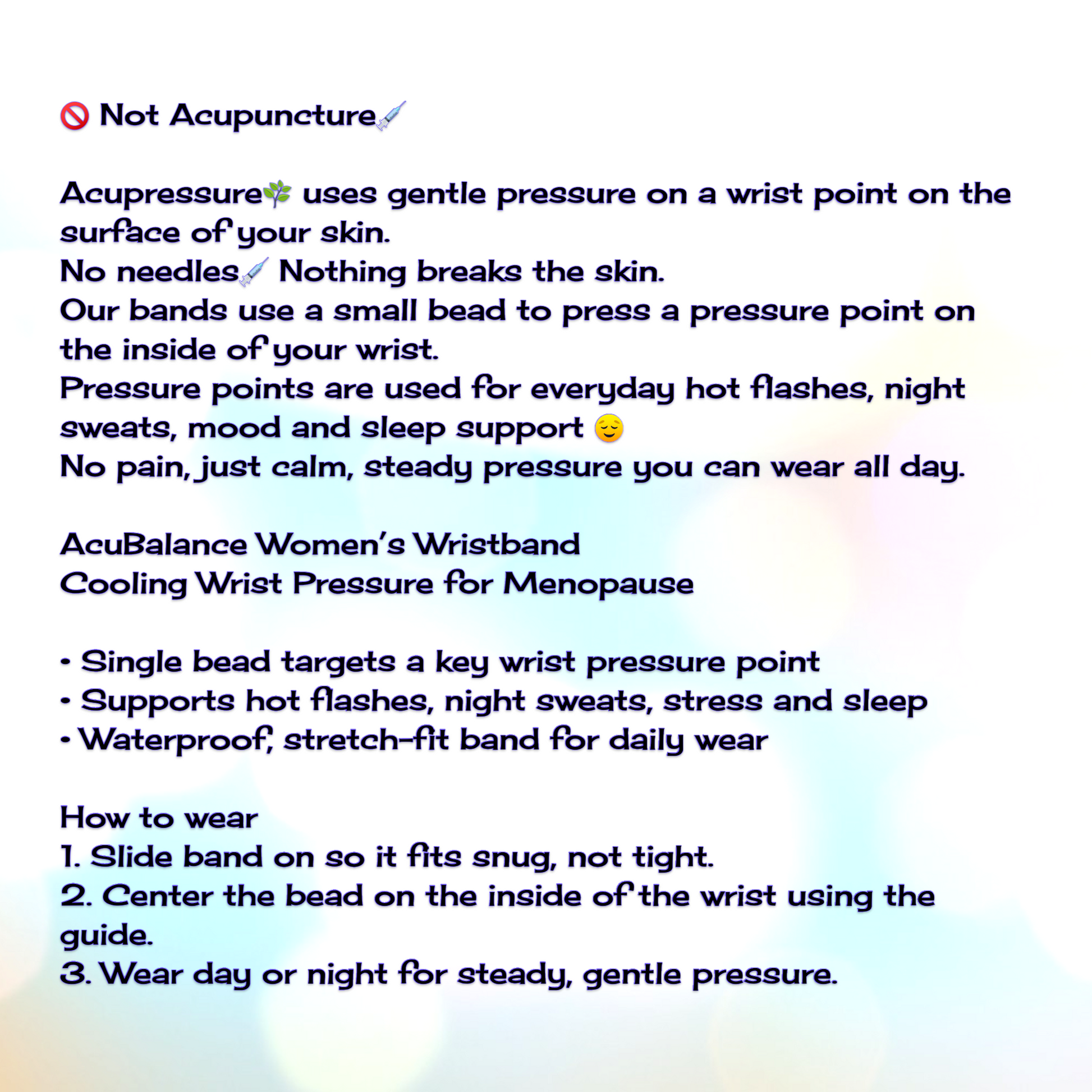 Text description of an acupressure wristband for women's health issues on a light background.