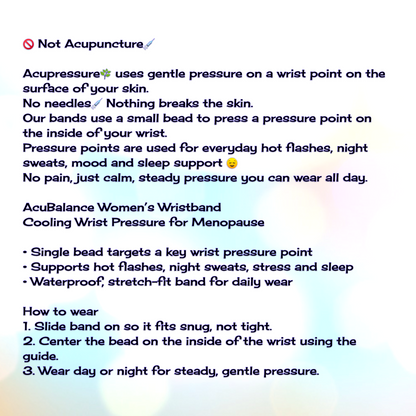 Text description of an acupressure wristband for women's health issues on a light background.