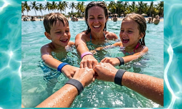 Family wearing waterproof motion sickness bands with two children in a pool, holding hands together.