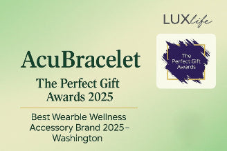 AcuBracelet recognized as Best Wearable Wellness Accessory Brand 2025 by LuxLife on a gradient background.