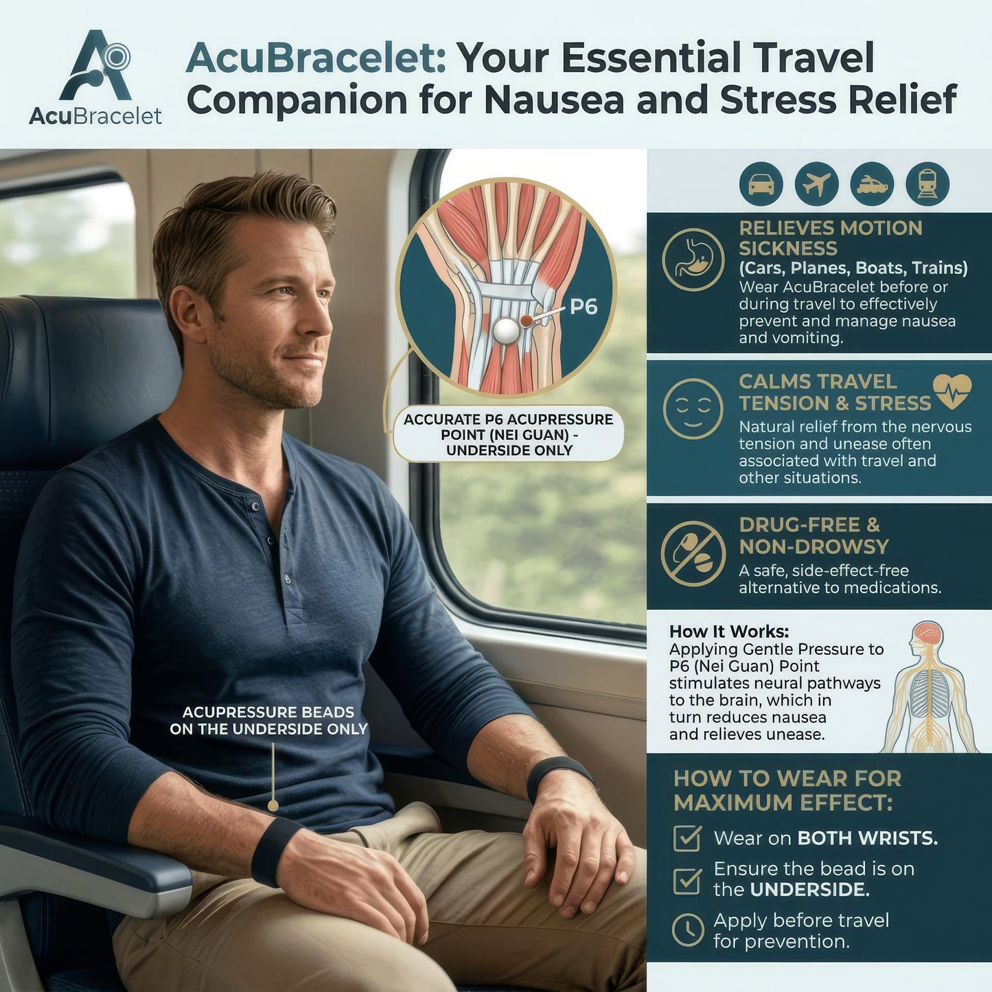 Adjustable Motion Sickness Band - Water Resistant - Pair/Set of 2 - Nausea & Travel Support