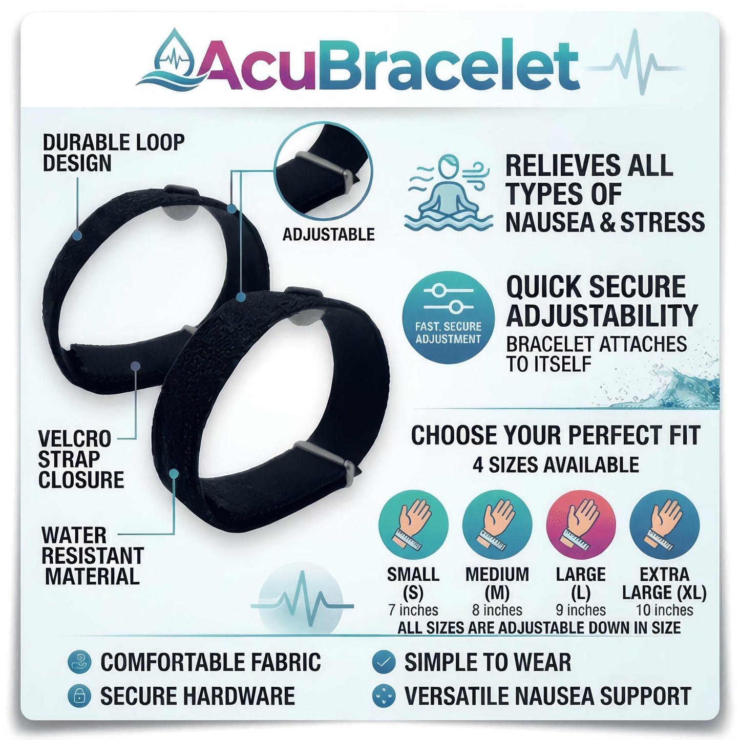 Adjustable Motion Sickness Band - Water Resistant - Pair/Set of 2 - Nausea & Travel Support