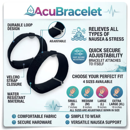 Adjustable Motion Sickness Band - Water Resistant - Pair/Set of 2 - Nausea & Travel Support
