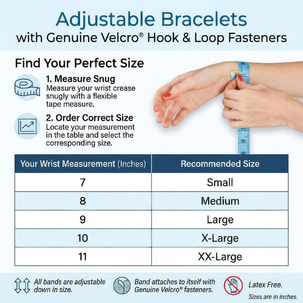Instructions for measuring wrist size and selecting an adjustable bracelet size chart.