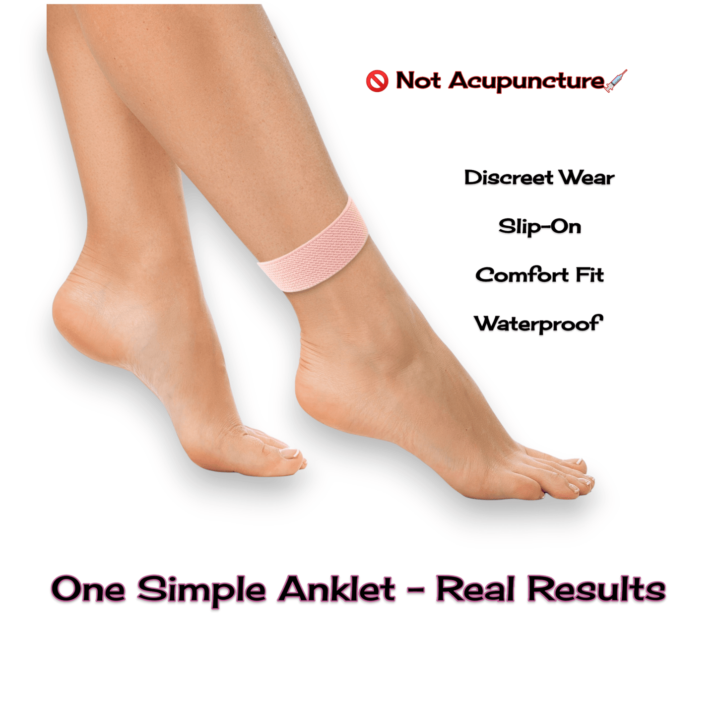 Ankle band worn on a foot with text highlighting features and benefits.