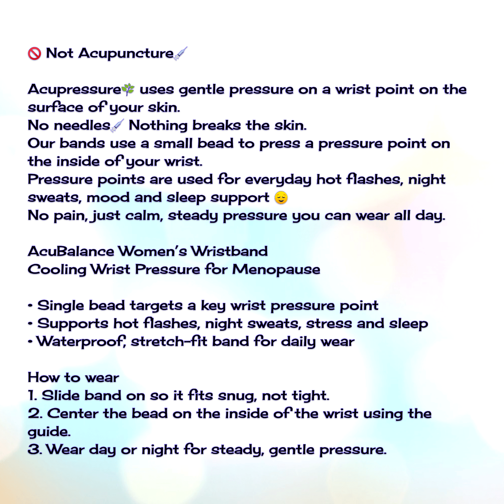 Text description of an acupressure wristband for women's health issues on a light background.