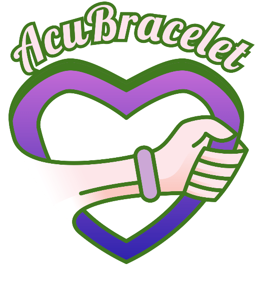 Logo of AcuBracelet with a hand wearing a purple bracelet inside a heart shape on a white background.