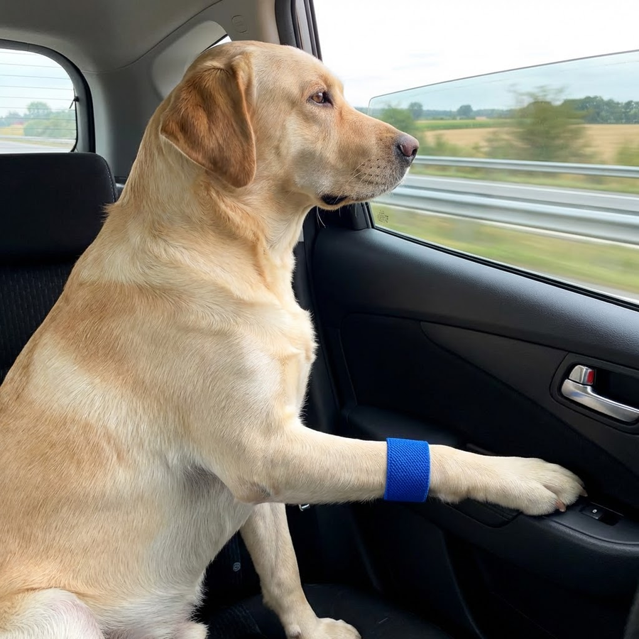 Dog wearing a blue AcuPup calming band during a car ride