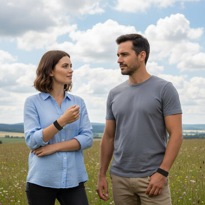 Man and woman wearing acupressure bracelets standing in a field with a blue sky and clouds in the background