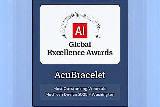 AcuBracelet's award for most outstanding wearable MedTech device 2025 on a blue background