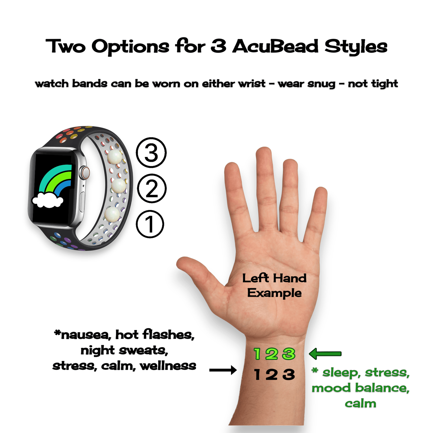 Watch band with acuBeads on a hand, showing two options for three styles.