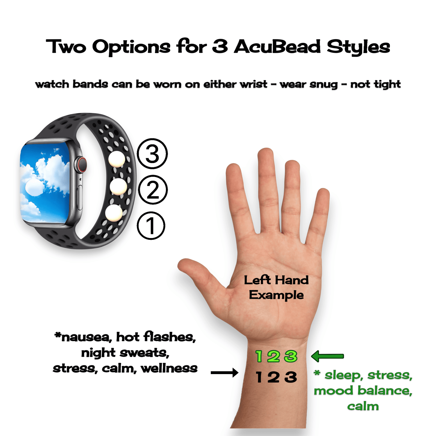 Smartwatch with acuBeads on a hand, showing two options for three acuBead styles.