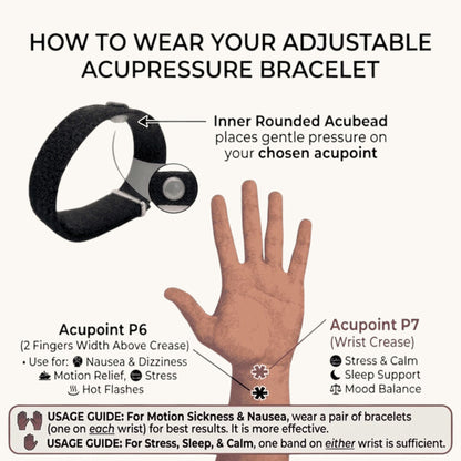 Adjustable Motion Sickness Band - Water Resistant - Pair/Set of 2 - Nausea & Travel Support