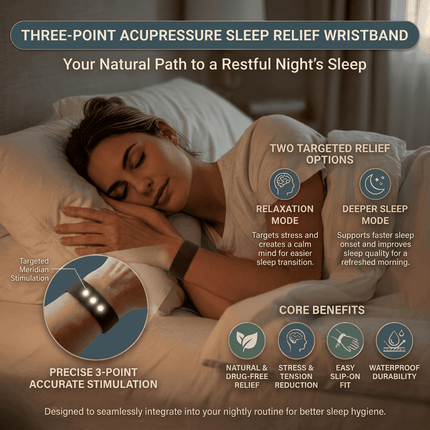 Woman sleeping with a three-point acupressure sleep relief wristband, highlighting product features and benefits.