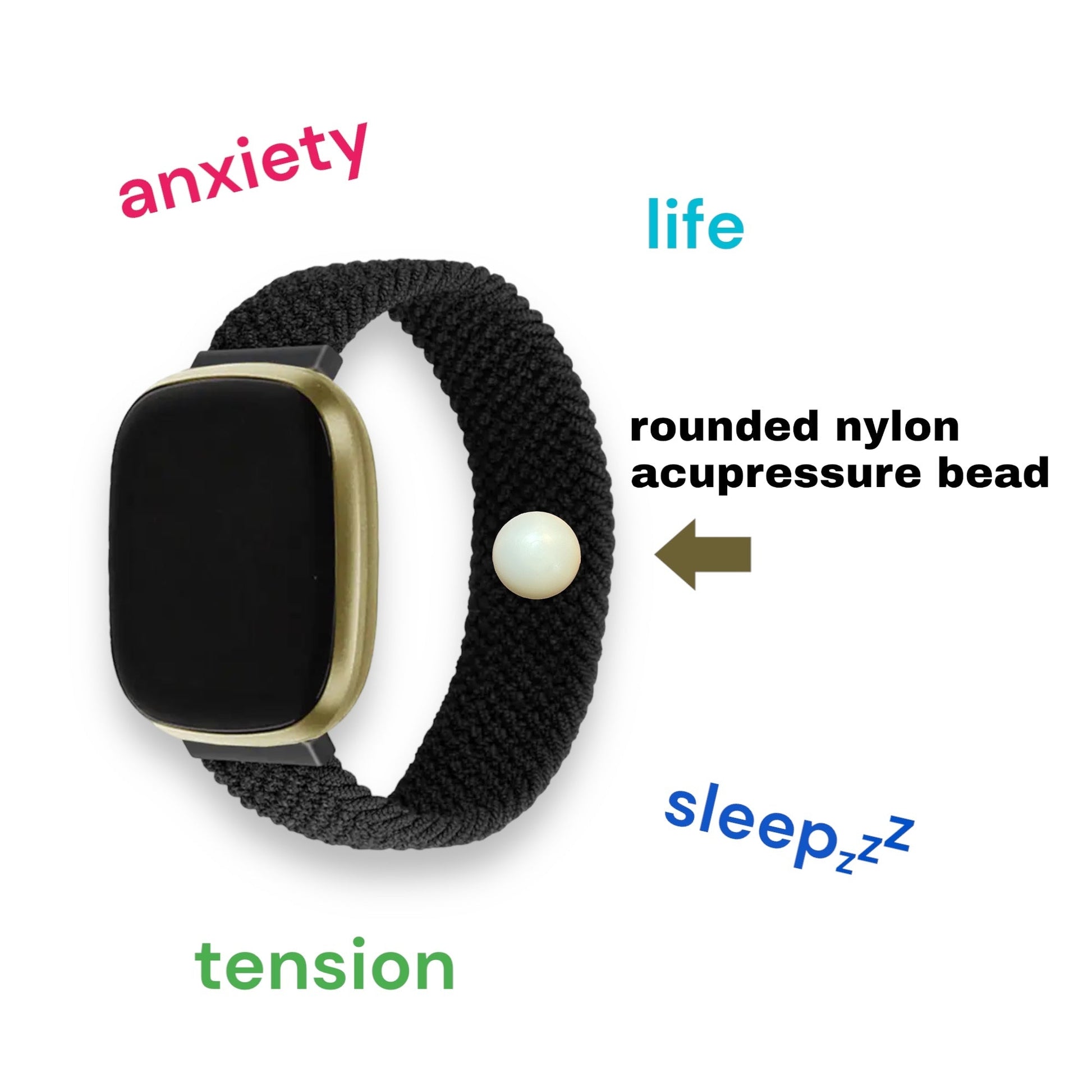 AcuBalance Acupressure Fitbit Band- Calm Anxiety, Tension, Nausea- Sleep Aid- Soft Nylon Stretch Solo Loop Strap for Versa 3/Sense - Acupressure Bracelets