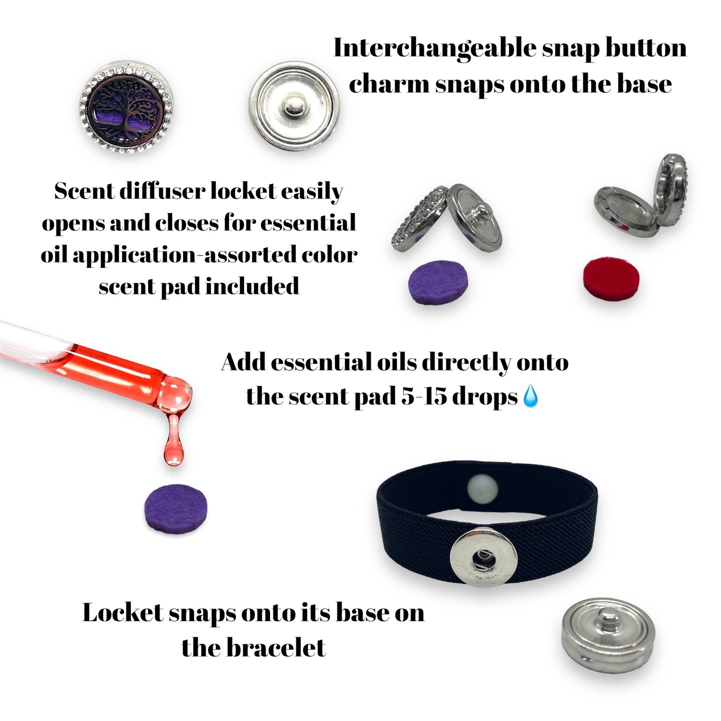 Anxiety Relief Snap Button Diffuser Bracelet-Scented-Reduces Stress, Vertigo-Acupressure Band-Mood Support-Balance-Snap Locket Diffuser - Acupressure Bracelets